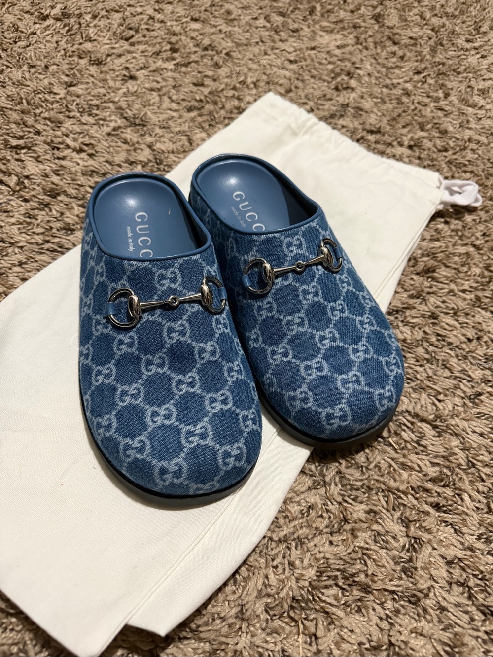 Gucci Blue GG Denim Horsebit Mules